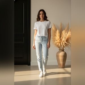 Poetry SZ 4 100% Linen Light Blue 5 Pocket Mid Rise Slim Leg Pants